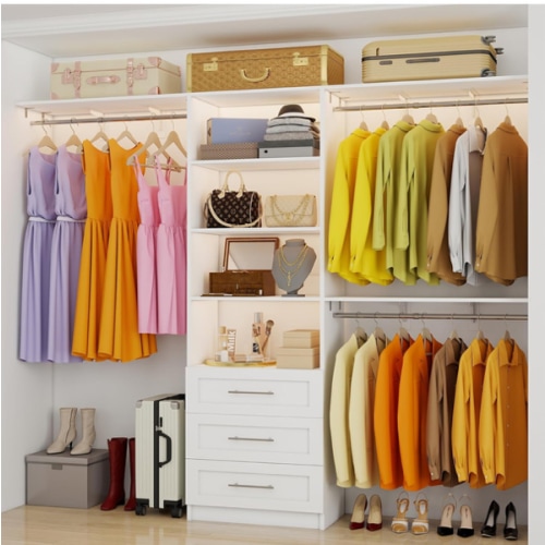 Amazon.com: secilix Closet System with 3 Wood Drawers, 5-7.61FT Closet Organizer System with Cuttable Shelves for Walk in Closet with 3 Expandable Hanging Rods, Heavy Duty Built-in Closet for Bedroom, White
