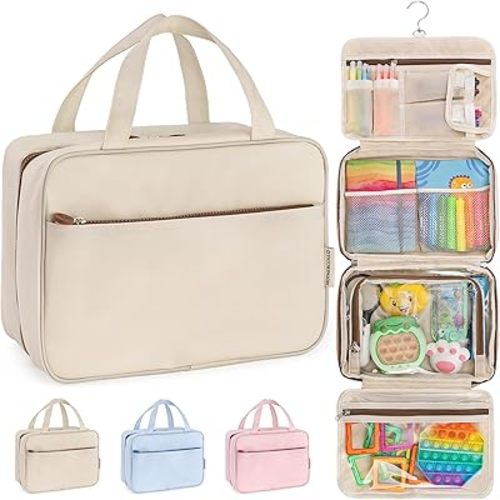 Kids Travel Organizer – Multi-Compartment, Water-Resistant Hanging Bag for Toys, Snacks, & Activities - Compact, Lightweight Design with Hook & Carry Handle - Perfect for Travel Use (Beige, Large)
