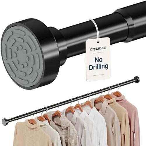 Supforce No Drilling Closet Rods for Hanging Clothes, Non Slip Tension Rod with Heavy Duty Clothes Hanging Rod, 17-69 Inches Adjustable Spring Closet Rod for Closet Wardrobe Bathroom Laundry RV, Black