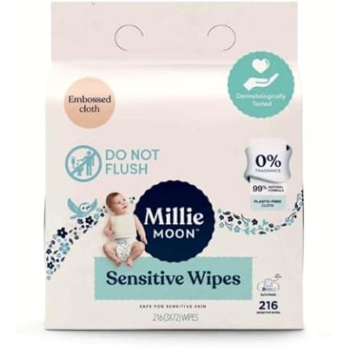 Millie Moon Sensitive Wipes (216 Count)-3 Packs of 72 Wipes(1Box)