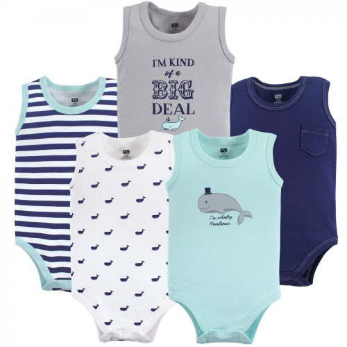 Hudson Baby Infant Boy Cotton Sleeveless Bodysuits 5pk, Whale, 0-3 Months