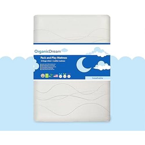 ORGANICDREAM Deluxe Pack & Play Mattress I 2-Stage Dual-Sided I GreenGuard Gold Certified I 100% Breathable I Firm Infant Side + Softer Side Memory Foam