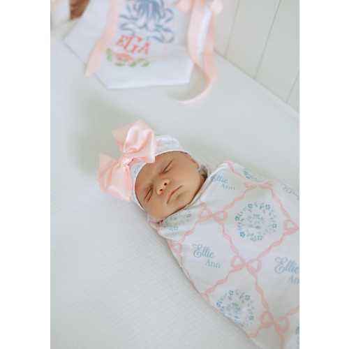 Personalized Baby Swaddle Blanket: Pink Heirloom Bows, Soft Knit