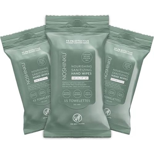 Noshinku Eucalyptus Hand Sanitizer Wipes, 3-Pack (45 Towelettes) – Resealable Travel Wipes with Ethyl Alcohol, Aloe & Green Tea, Plant-Based Fiber, Essential Oil Scents, Cruelty-Free & No Dyes