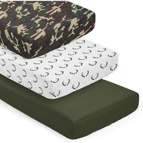 Sweet Jojo Designs 3-Piece Baby Crib Sheets Set (Woodland Camo Deer) for Boys, Infant Nursery, Toddler Room - Fitted, Standard Size (Solid Green, White/Black Antler & Forest, Rustic Beige/Black Plaid)