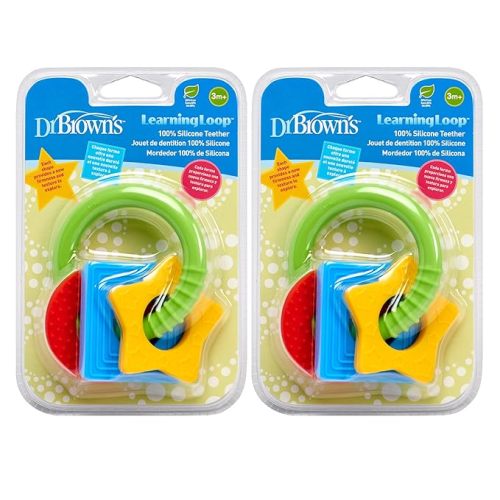 Dr. Brown's Learning Loop, Baby Teether Ring with Multiple Shapes & Textures, Soft 100% Silicone, BPA Free, 3m+ (Pack of 2)