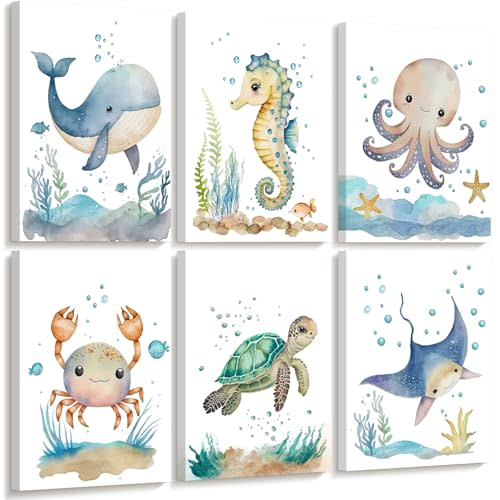 Nursery Sea Animal Wall Decor Set of 6 Ocean Watercolor Canvas Wall Art Baby Boys Room Wall Art Ocean Sea Animal Pictures Kids Girl Art Prints Nursery Artwork for Bedroom 8x10 Inch Framed