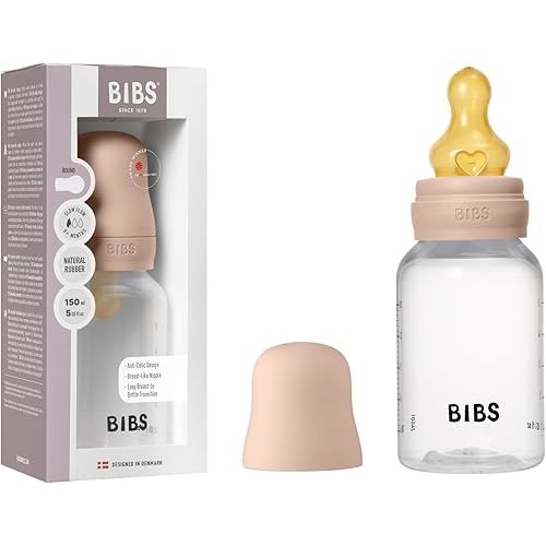 BIBS Baby Bottle 5 oz / 150 ml Natural Rubber Latex Nipple - Anti-Colic, BPA-Free, Round Nipple, Slow Flow, Lightweight & Easy to Clean, Suitable for Newborns 0+ Years - Blush