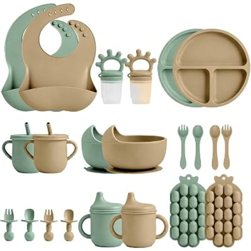 22 Pcs Silicone Baby Feeding Set with Suction Plate, Bowl, Bib, Sippy Cup, Fruit Feeder & Freezer Tray, Training cup with straw, Silicone Fork & Spoon, Baby Eating Utensils (Green+Brown)