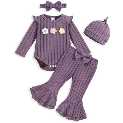 Vibebox Baby Girl Clothes Newborn Preemie Fall Winter Outfits Long Sleeve Ruffle Romper Bell Bottoms Pants Girls Clothing Set