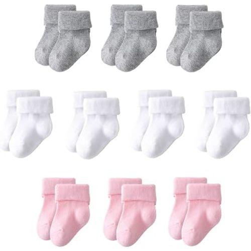Newborn Socks 10 Pairs, Cotton Baby Turn Cuff Socks 0-3 Months