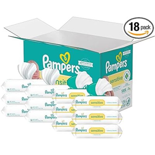 Pampers Sensitive Baby Wipes, Water Based, Hypoallergenic and Unscented, 18 Flip-Top Packs (1008 Wipes Total) [Packaging May Vary]