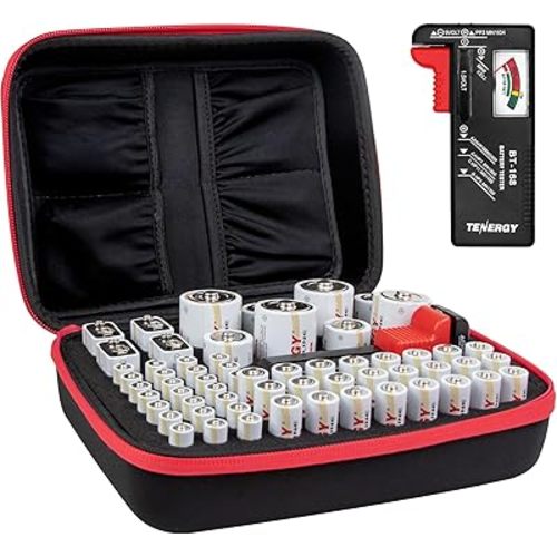 Tenergy Alkaline Batteries & Storage Case, 24xAAs, 24xAAAs, 4xC Size, 4xD Size, 4x9V Size Batteries, and Battery Organizer Case