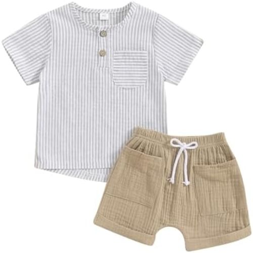 fhutpw Baby Boy Summer Outfits Henley Shirt Soft Pocket Short Sleeve Tops & Shorts Sets Infant 3 6 12 18 Months 2T Clothes