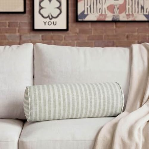 Lucky Brand Marlowe 9" x 18" Striped Decorative Bolster Pillow, Light Green Cotton Accent Pillow