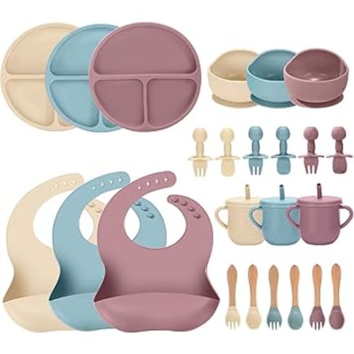 24 PCS Silicone Baby Feeding Set, Baby Led Weaning Supplies Includes Suction Bowls and Divided Plates, Adjustable Silicone Bib, Spoons&forks, Training cup with straw(Pink+Blue+Beige)