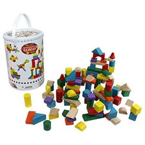 Wooden Blocks - 100 Pc Wood Building Block Set with Container (Rainbow Colored) 100% Real Wood in 7 Colors and 14 Shapes- Great Gift or School Project