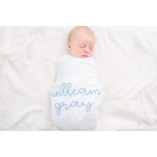 White Swaddle // Hand Embroidered Baby Swaddle // Name Announcement Swaddle // Hand Stitched Name Blanket // Newborn Gift
