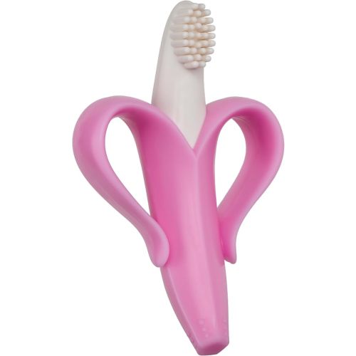 Baby Banana®Pink Teether-Toothbrush, Infant to Toddler, Made in USA, Butter-Soft Bristles for Gums and Teeth, Bendable Food Grade Silicone, Family-Owned Buisness Since 2009, 11 Million+ Sold