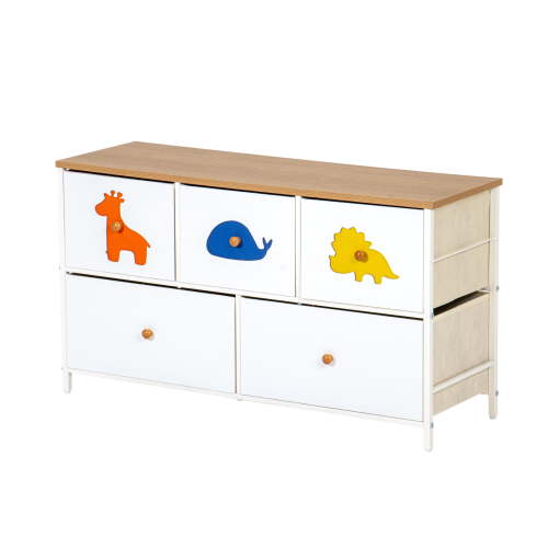 FRAPOW Dresser with 5 Drawers, Storage Drawers, Chest of Drawers with Fabric Bins, Storage Tower with Fabric Drawers, Long Dresser with Wood Top, White