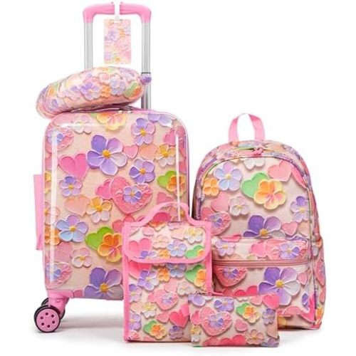 Kid’s Luggage Set 6 Piece Suitcase Set 16’’ Hardside Luggage with Spinner Wheels Girls Boys Carry on Luggage Travel Rolling Luggage Airline Approved
