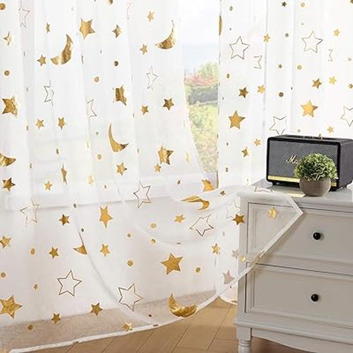 WUBODTI White and Gold Sheer Curtains for Kids Room Nursery 63 Inch Length, Star and Moon Patterned Semi Sheer Space Curtains Rod Pocket Light Filtering Faux Linen Short Curtain Drapes 2 Panels
