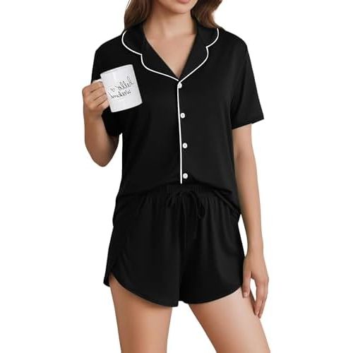 Ekouaer Pajamas for Women Set Button Up Sleepwear 2 Piece Pjs Lounge Set Short Sleeve Nightwear