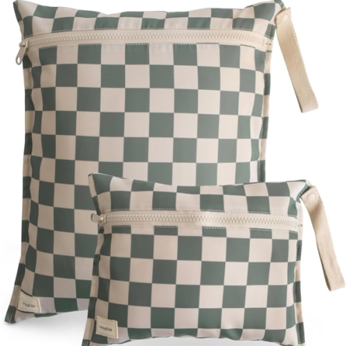 mushie Water Resistant Wet Bags | Large & Small Reusable Storage Bag for Baby Items and Travel | Zippered Pockets with Handle | Machine Washable, Set of 2 (Olive Check)