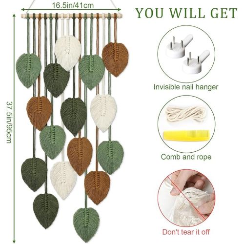 KHOYIME Vertical Macrame Wall Hanging Boho Home Decor, Long Narrow Chic Wall Art Bohemian Woven Leaves Tapestry Vintage Decorations for Front Door Indoor Entrance Living Room Bedroom 16.5"W x 37.5"L