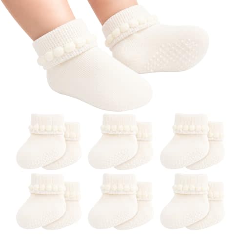 Non Slip Baby Girl Newborn Infant Socks Booties Pom Pom Turn Cuff | Breathable cotton bubble socks with clear grips, stay securely on tiny feet, hospital newborn essentials & baby registry gift