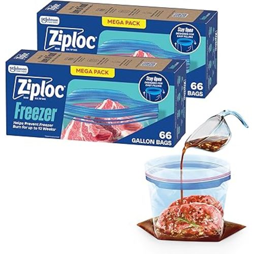 Ziploc Gallon Food Storage Freezer Bags, Stay Open Design, Easy to Fill, 66 count, 2 Pack, 132 Total