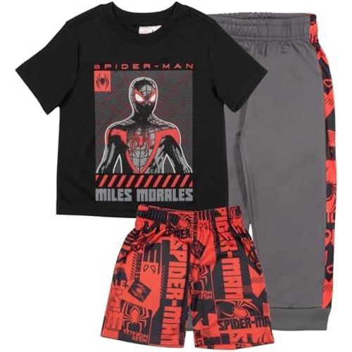 Marvel Spider-Man Boys 3-Piece Superhero Jogger Set - Spidey, Miles Morales Graphic T-Shirt, Shorts, & Sweatpants Bundle