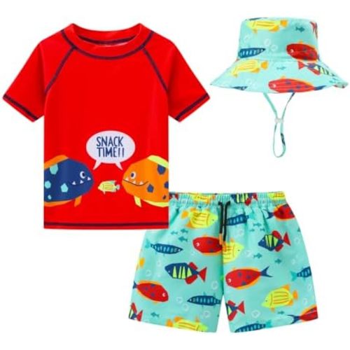 Toddlers and Baby Boys' 3-Piece Swimsuit Trunk and Rashguard Sun Hat Set