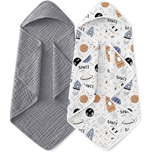 Yoofoss Hooded Baby Towels for Newborn 2 Pack 100% Muslin Organic Cotton Baby Bath Towel with Hood for Babies, Infant, Toddler and Kids, 32x32Inch, Soft and Absorbent Newborn Essential, Grey Planet