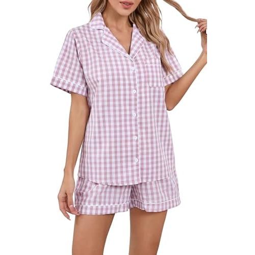 LUBOT 100% Cotton Pajamas for Women 2 Piece PJ Set Woven Poplin Ladies Button Down Short Sleeve Summer Sleepwear S-XXL