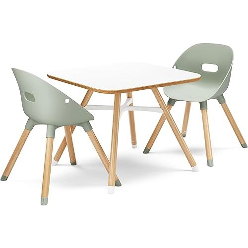 Lalo The Play Kit, Kids Table and Chairs Set with Sustainably Sourced Wood Kids Table & Set of 2 Non-Toxic Bucket Seat Kids Chairs - Safe and Comfortable - Coconut/Sage