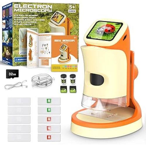 Kids Microscope, 1000X Digital Handheld Microscope w/Slides Full Color Manual, 2.0" Screen Mini Rechargeable Microscopes for Kids, Portable STEM Edu Science Kit Toys Gifts for Boys & Girls Age 5-12