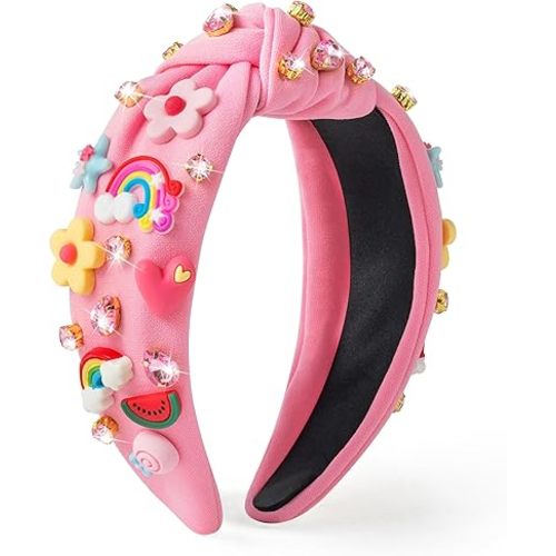 PANTIDE Floral Jeweled Knotted Headband - Rainbow Rhinestone Crystal Embellished Headband Wide Top Knot Fashion Hairband Hair Accessories Spring Summer Birthday Gift for Women Girls (Pink)