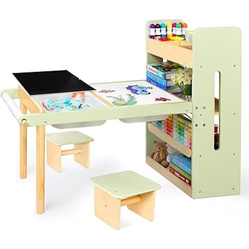 LOL-FUN Kids Sensory Art Table and Chairs Set with Storage Bins & Shelves, Toddlers Activity Table for Ages 3-8 Preschool Sand and Water Play, Drawing Desk with Blackboard Whiteboard