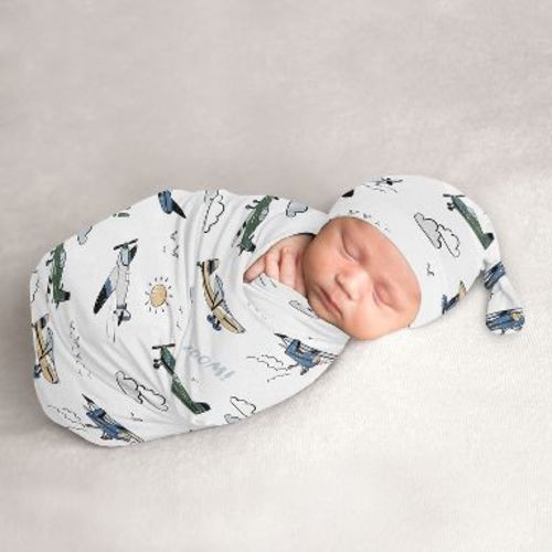 Sweet Jojo Designs Boy Baby Cocoon and Beanie Hat Swaddle Wrap Vintage Airplane Green Blue and Yellow 2pc