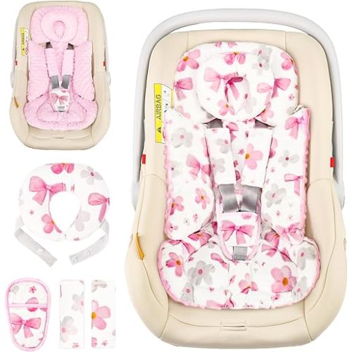 Hooyax Infant Car Seat Insert with Removable Head Support, Dual-Sided Baby Car Seat Cushion for Preemies & Newborns - Universal Head & Body Support for Car Seat, Stroller & Swing(Bow Flower)