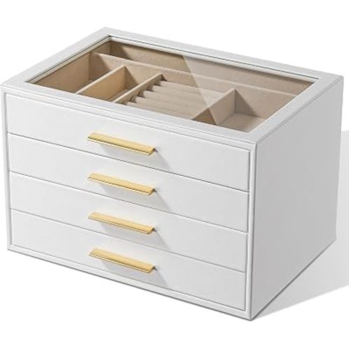 pickpiff Jewelry Box Organizer Case for Women: 4-Layer Jewelry Storage Case with Glass Window, Pure White Leather with Velvet Holder for Ring Necklace Bracelet Brooch Watch, Great Gift for Her