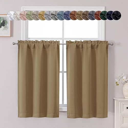 Chyhomenyc Taupe Short Blackout Curtains 45 Inch Length, Small Kitchen Curtain Tier Rod Pocket Half Window Curtains for Bathroom Basement Cabinet Camper RV Bunk, 2 PCS, Each 30" Wx45 L