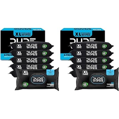 DUDE Wipes - Flushable Wipes, Unscented - Extra-Large - Vitamin-E & Aloe - Septic and Sewer Safe,48 Count (Pack of 12)