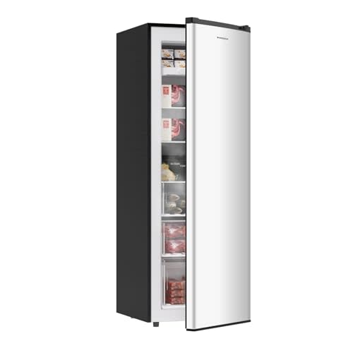 BANGSON 7.0 Cu.ft Upright Freezer, Convertible Freezer/Refrigerator, Silver | Stand Up Freezer with 5 Shelves & 3 Drawers, Reversible Door, Upright Freezer for Kitchen, Garage, Office