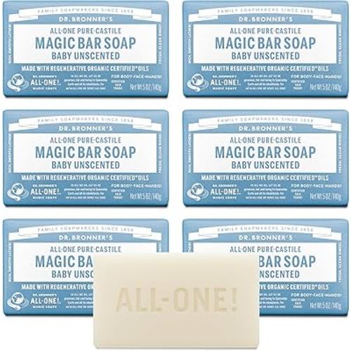 Dr. Bronner's Pure-Castile Magic Bar Soap (Baby Unscented, 5 oz, 6-Pack) - Made with Regenerative Organic Certified Oils, For Face, Body & Hair, Gentle for Sensitive Skin - Vegan, Non-GMO
