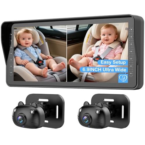 Dual Baby Car Camera for 2 Kids - 6.9'' Split Screen Ultrawide HD Display with Two Cameras, Easy Setup, Rotatable Night Vision Cameras, Ideal for Parents, Grandparents, Safe & Clear Viewing