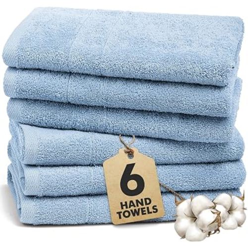 100% Ring Spun Cotton Hand Towels for Bathroom – 550 GSM Soft & Absorbent Towel Set– Pack of 6 Small Towel (34x20in) – Quick Dry Luxury Cotton Hand Towels – Sky Blue