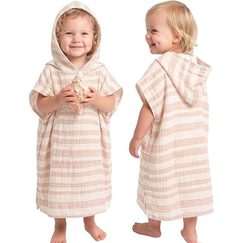 Konssy Toddler Beach Towel with Hood, 100% Cotton Muslin Hooded Towel Poncho for Kids 0-3 Years, Quick Dry Swim Pool Cover Up for Baby Boys Girls, Absorbent Bath Towel with Front Pocket