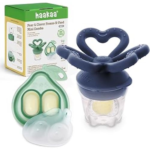 Haakaa Clover Baby Fruit Feeder Teether & Mini Freezer Nibble Tray – BPA-Free Silicone Breastmilk Popsicle Mold for Baby Teething Relief & Self-Feeding, 4M+ (Steel Blue)